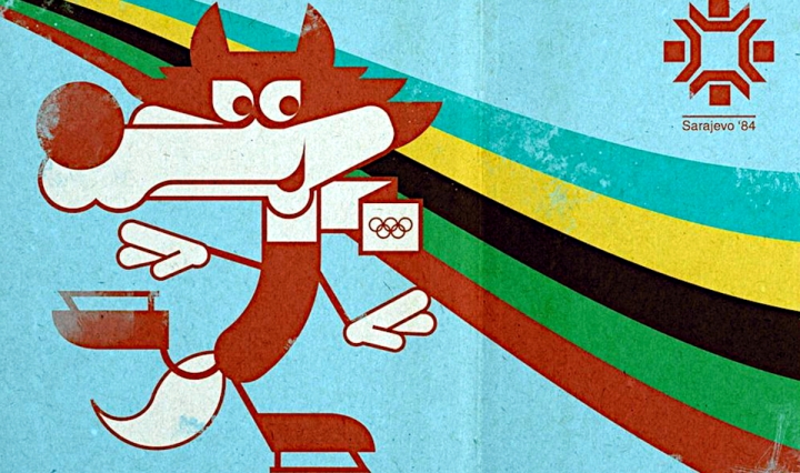 Ein Plakat mit Vučko, dem Maskottschen der Olympischen Winterspiele in Sarajevo 1984